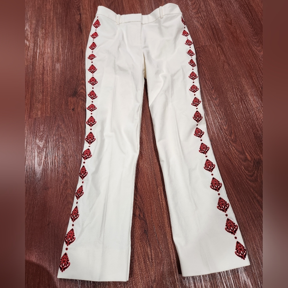 Derek Lam 10 Crosby Embroidered White Pants with Red Accents Flare